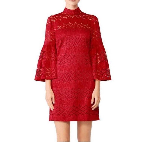 Trina Turk red ruby rose bell sleeve lace dress - Picture 1 of 12